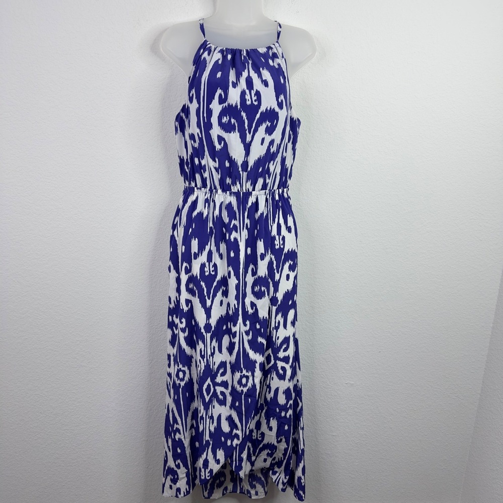 Athleta Ikat Bloom Ripple Dress Women M Halter Geometric Athleisure Coastal Maxi